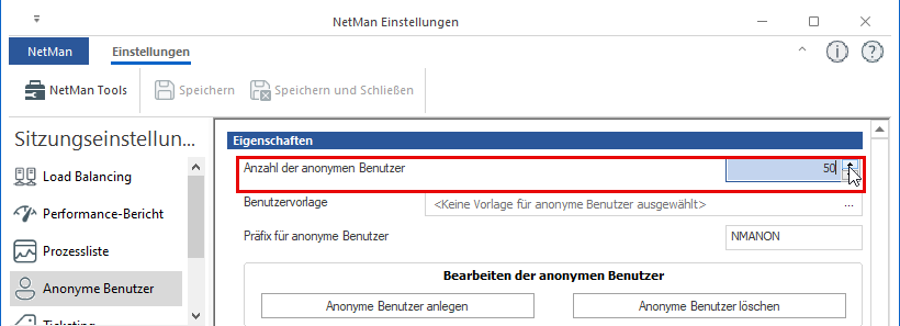 Anonyme Benutzer/Eigenschaften: Anzahl der anonymen Benutzer wird auf 50 gesetzt.