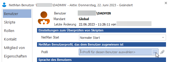 Neben Profil befindet sich das Eingabefeld für das Benutzerprofil. Die "Auswählen"-Schaltfläche öffnet das Fenster "Auswahl des Benutzerprofils".