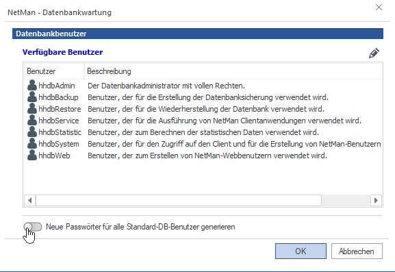Schieberegler "Neue Passwörter für alle Standard-DB_Benutzer generieren" aktivieren.