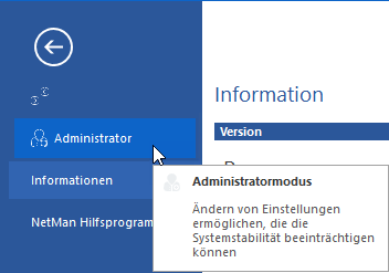 NetMan Einstellungen Backstage-Ansicht: Schaltfläche Administratormodus