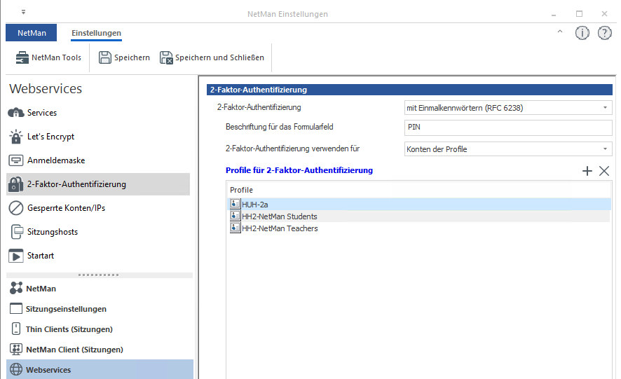 NetMan Einstellungen/Webservices/2-Faktor-Authentifizierung Auswahl der Art der 2-Faktor-Authentifizierung per Dropdown-Menü.