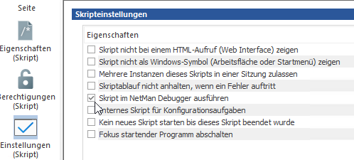 Skripteinstellung "Skript im Debugger ausführen" gesetzt