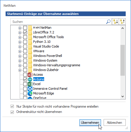 Im Dialog Startmenü-Einträge zur Übernahme auswählen finden Sie alle Startmenü-Einträge des aktuellen Systems gelistet. Sie wählen die Einträe zur Übernahme durch Setzen eines Hakens vor den jeweiligen Programmnamen bzw. den Programmordner.