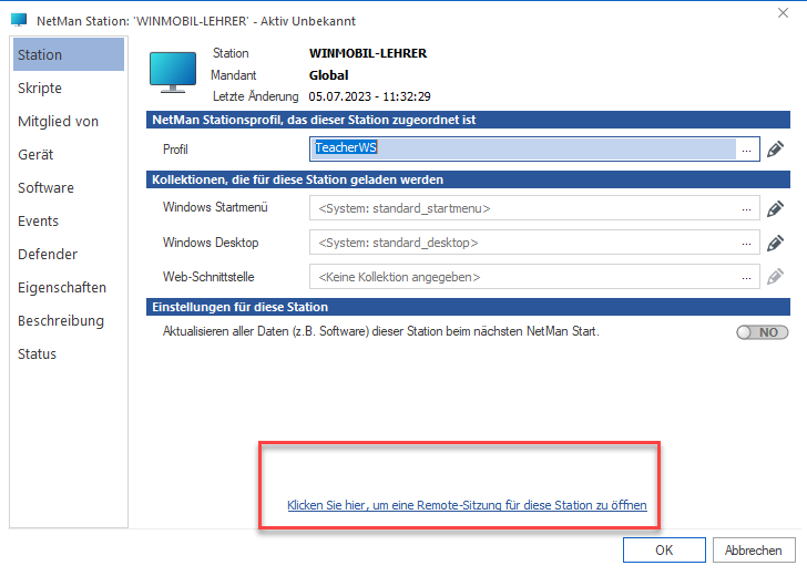 Stationseigenschaften Schaltfläche "Klicken Sie hier, um eine Remote-Sitzung für diese Station zu öffnen."