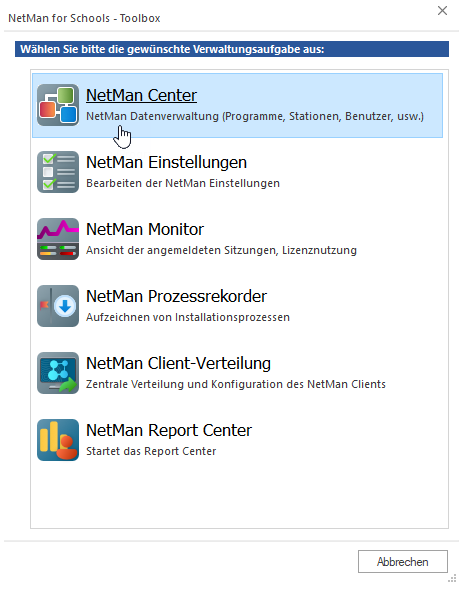 In den NetMan Tools öffnen Sie das NetMan Center.